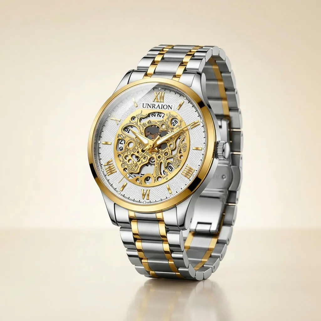 Unraion Skeleton Watch · Stainless Steel Gold Accents