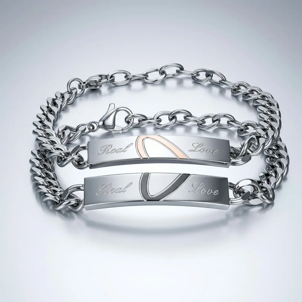 Titanium Steel Couple Bracelet Set · Silver Hearts 1